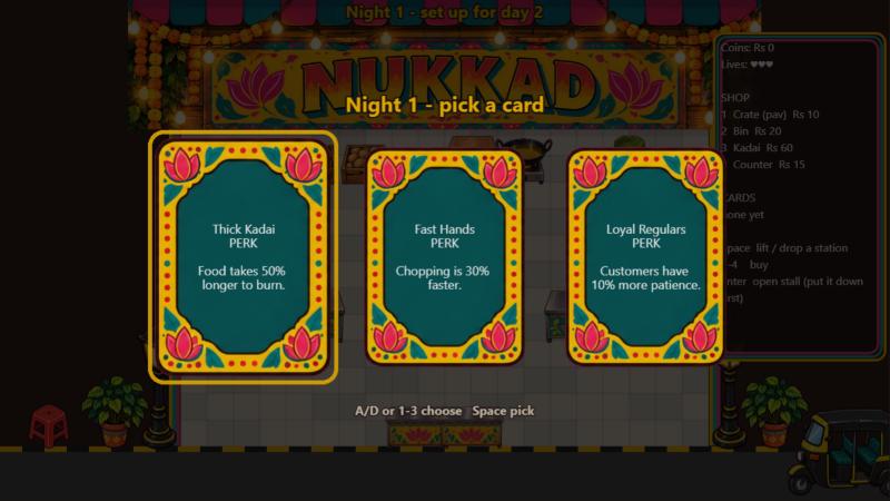 The night card choice screen in Nukkad Rush