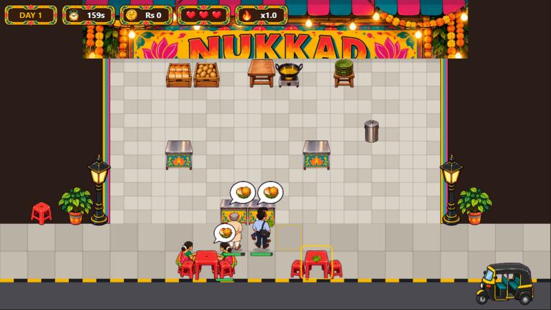 Nukkad Rush: a street-food stall with vada pav orders, footpath tables and an auto parked outside